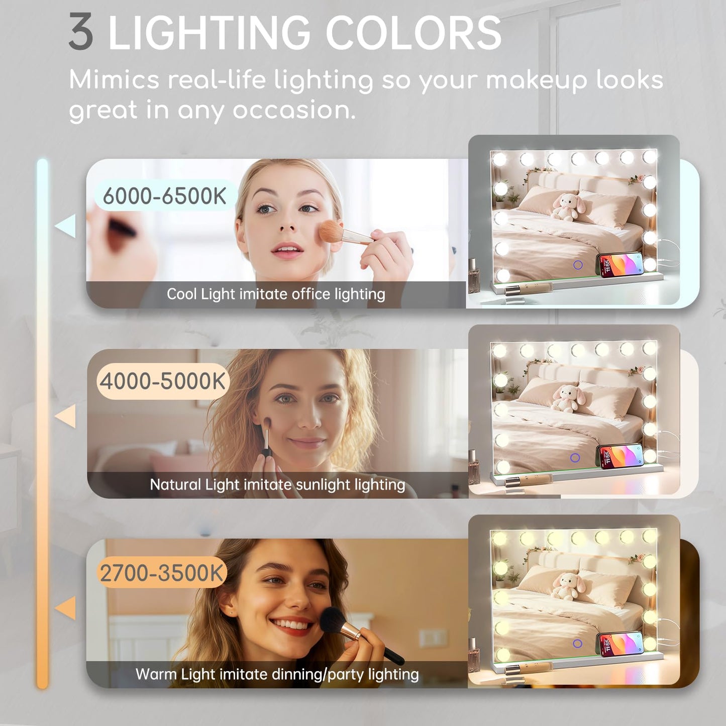 Amifiy Hollywood Vanity Mirror with Lights, 23" x 18" Lighted Makeup Mirror with 15 Led Bulbs, 3 Color Lights, 10x Magnification, Desk/Wall Mounted, Bedroom College Dorm Room Essentials