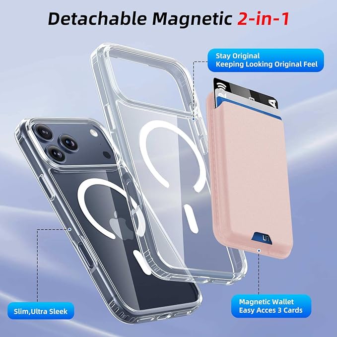 Ntwinro Magnetic for iPhone 17 Pro Max Clear Case (Compatible with MagSafe) with Pink Detachable Wallet & Card Holder for 3 Cards [RFID Blocking] Military Grade Protective Slim Phone Cover