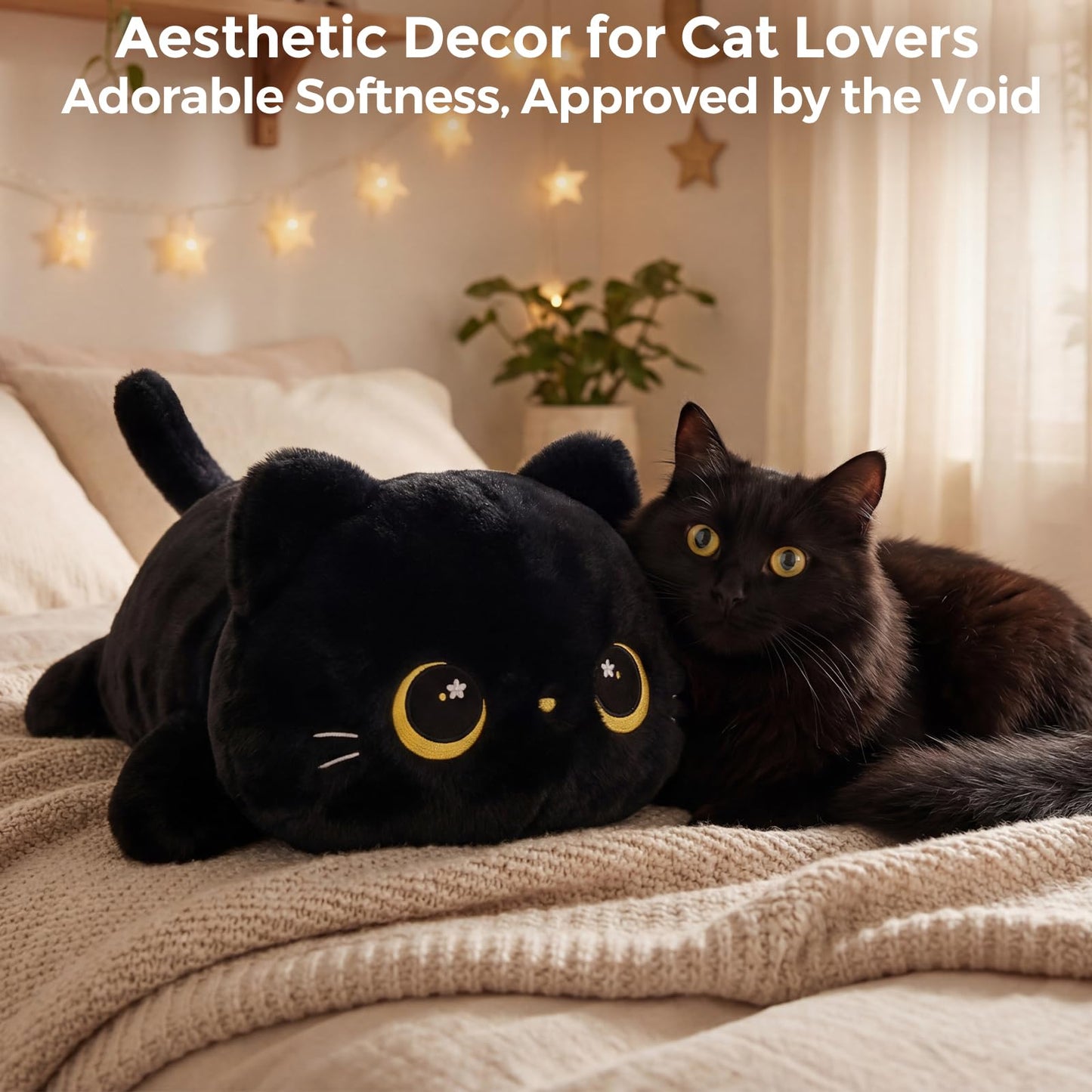 Mewaii Cute Black Cat Plush Pillow, Kawaii Plushies Black Cat Stuffed Animals, Squishy Plushies, Cuddle Plush Pillow for Kids & Girls (20 Inch)