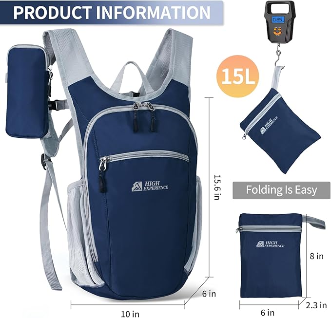 HIGH EXPERIENCE Hiking Backpack 10L/15L Small Daypack Lightweight Packable Travel Foldable Water Resistan for Women Men (Navy Blue, 15L)