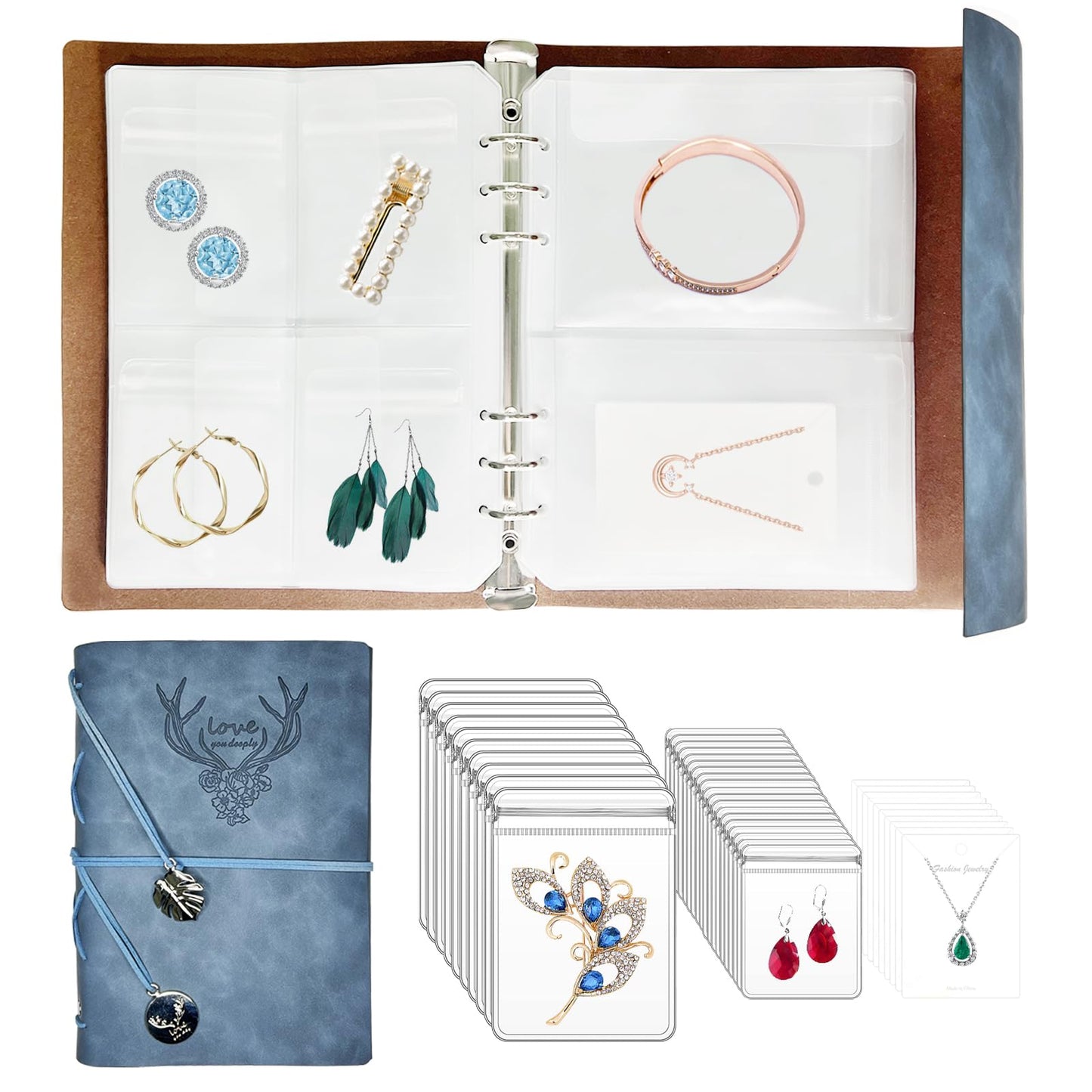 Jewelry Storage Book, PU Leather Travel Jewelry Organizer with Anti-drop Pockets, Portable Earrings Booklet with Transparent Jewelry Bags for Rings, Postcard(70 Grids+70 Anti Oxidation PVC Bags)