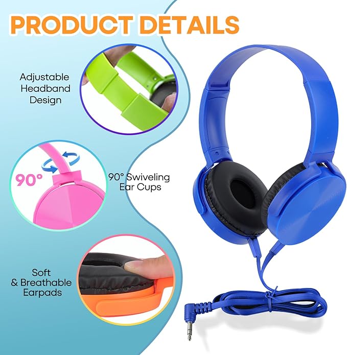 Bulk Headphones 12 Pack for School Classroom Kids K-12, Wholesale Wired Durable Computer Earphones Class Set for Students Children Toddler Teens Boys Girls and Adult (HY450, 12 Mixed)