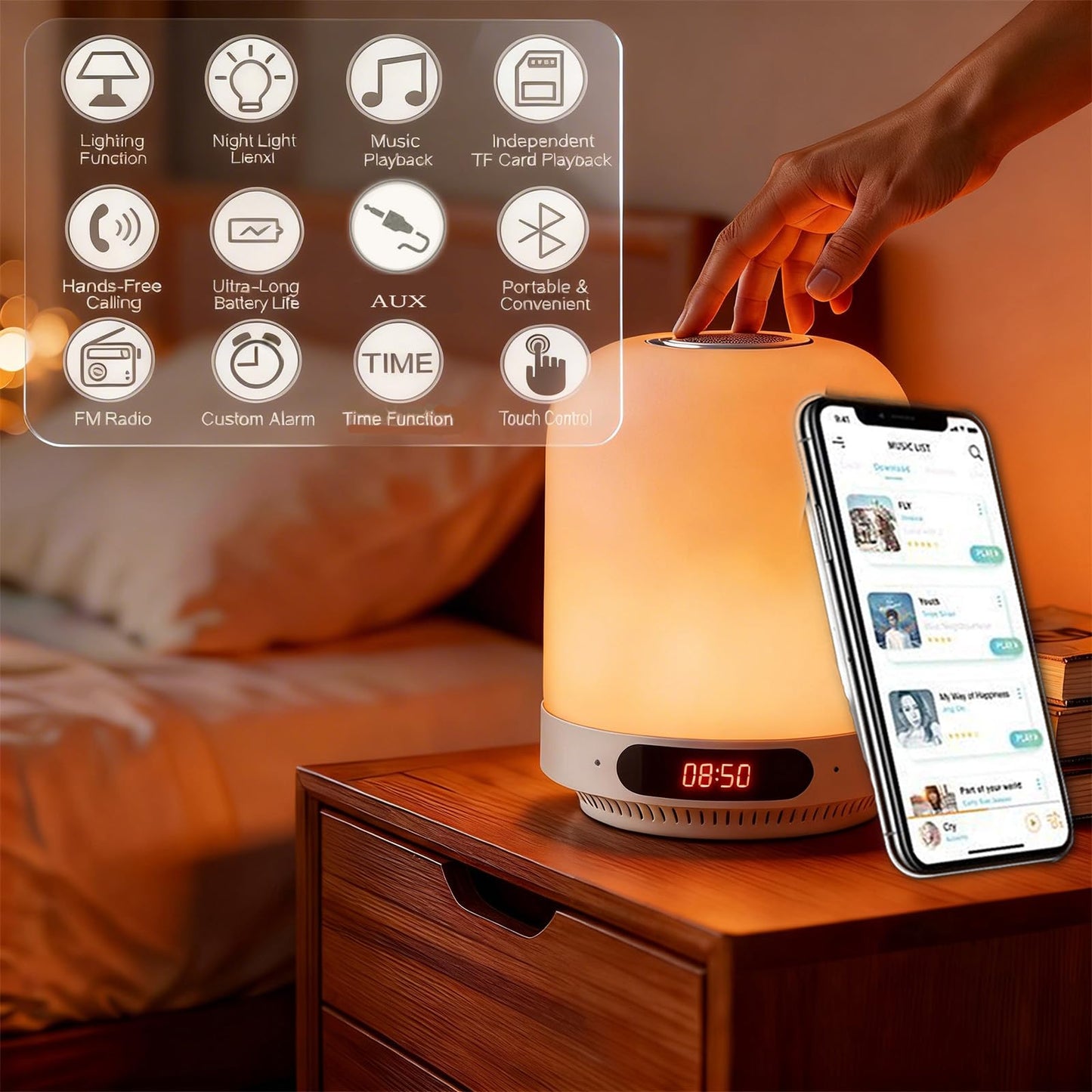 BIESTJP 5-in-1 Bedside Speaker Night Light Bluetooth Alarm Clock with FM Radio,White Noise Machine for Sleeping,Touch Control Lamp with TF Card & APP Control for Bedroom HOM Office