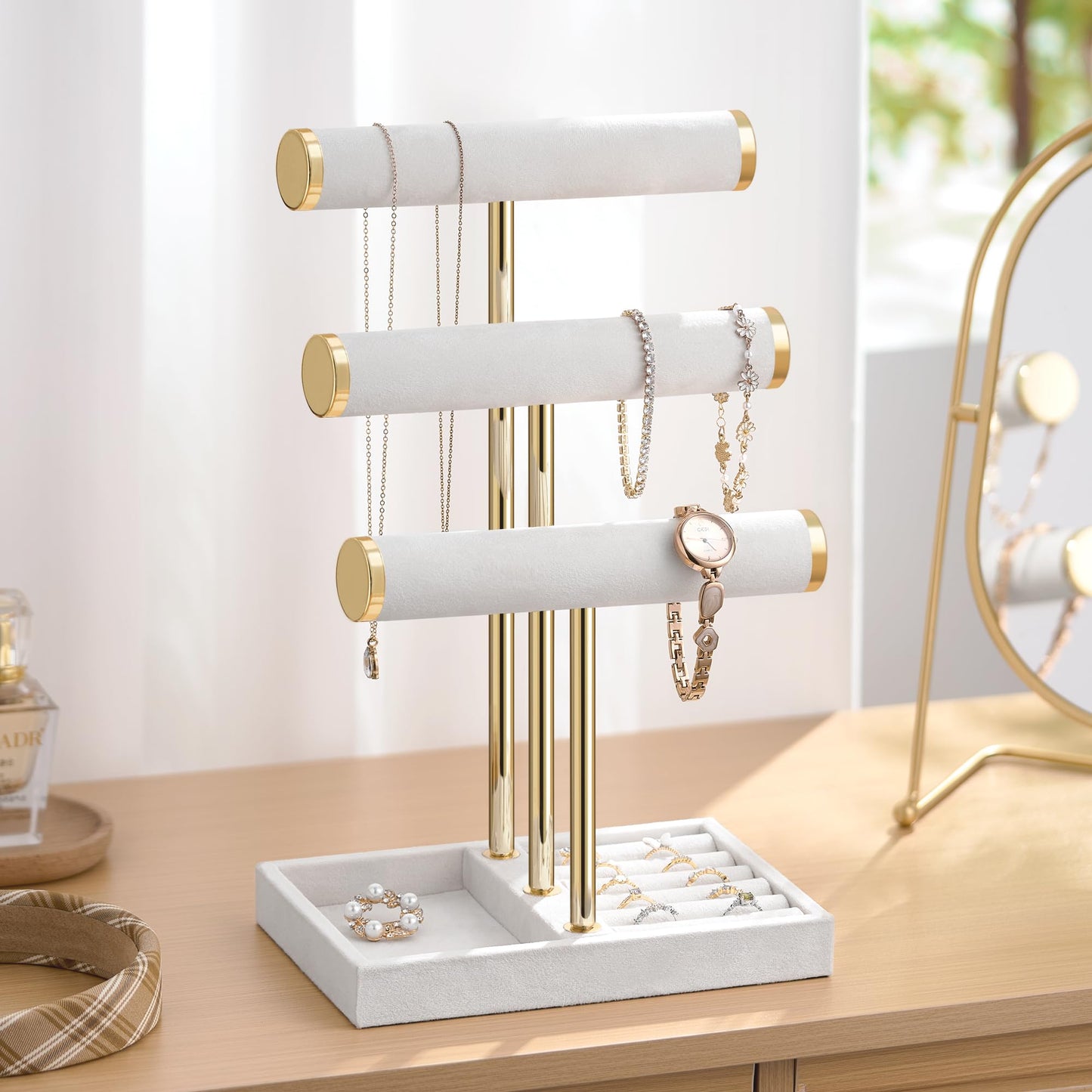 Josmimic Bracelet Holder Jewelry Organizer Display - 3 Tier T Bar Velvet Stand, White Jewelry Storage for Bracelet, Necklaces, Earrings, Watches
