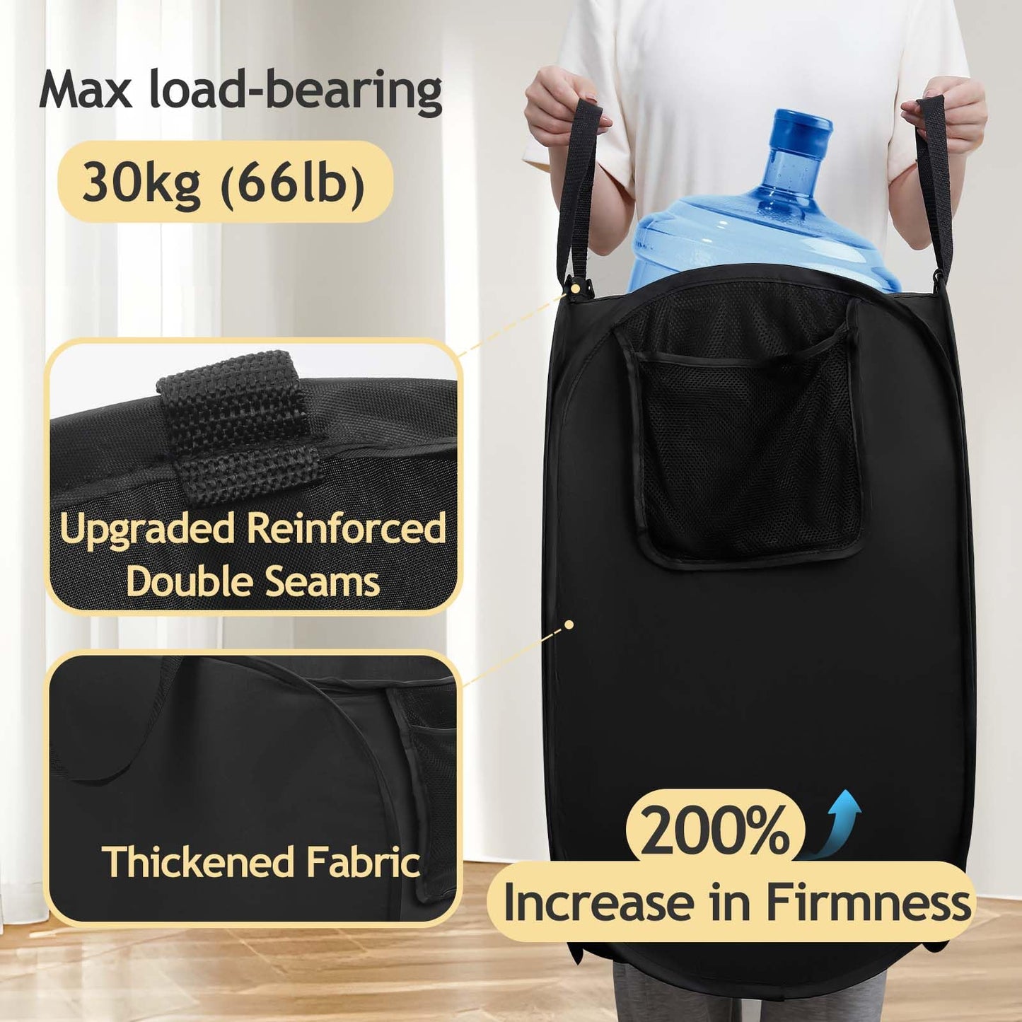 Upgraded Polyester Pop-up Laundry Hamper 2 Pack, 70L(18.5 Gal) Laundry Basket with Durable Handles Solid Bottom High Carbon Steel Frame and Side Pocket, Easy to Open Fold Flat for Storage