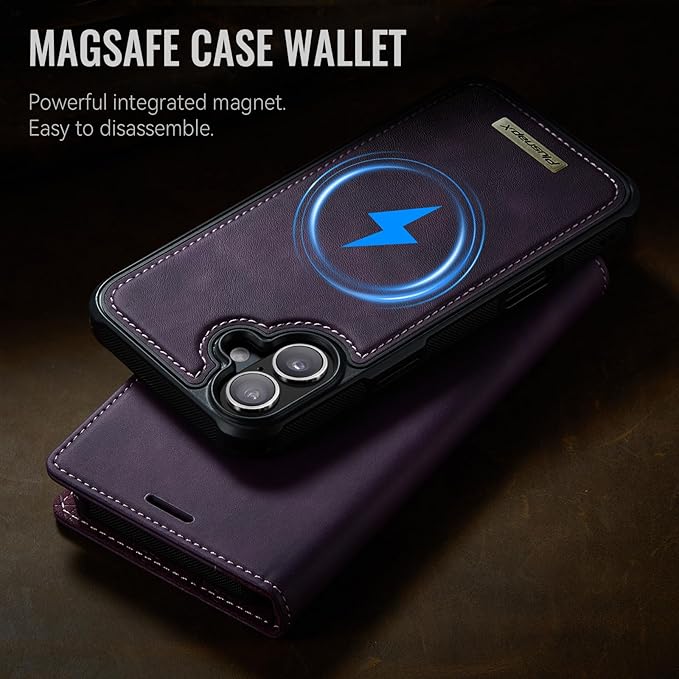 PlusnapX Wallet Case for iPhone 17 Compatible with Magsafe, 2-in-1 PU Leather Flip RFID Blocking Card Holder Stand Shockproof Magnetic Detachable Cover for iPhone 17 Case 6.3", Retro Purple