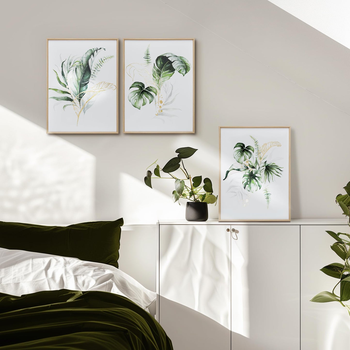 ArtbyHannah Bathroom Framed Wall Art, Botanical Canvas Paintings Wall Decor with Green and Gold Gilded Textured Modern Nature Pictures Plant Prints for Living Room Bedroom (12x16 Inch, Set of 3)