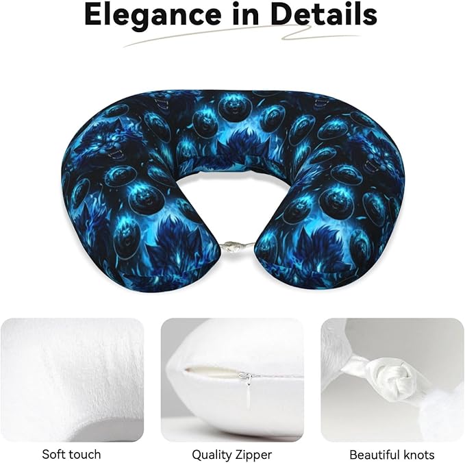 Breathable Neck Pillow for Sleeping Rest Nap Angry Wolf Blue, Airplanes/Car/Home Memory Foam Travel Cushion with Polyester Cover Washable for Women Men