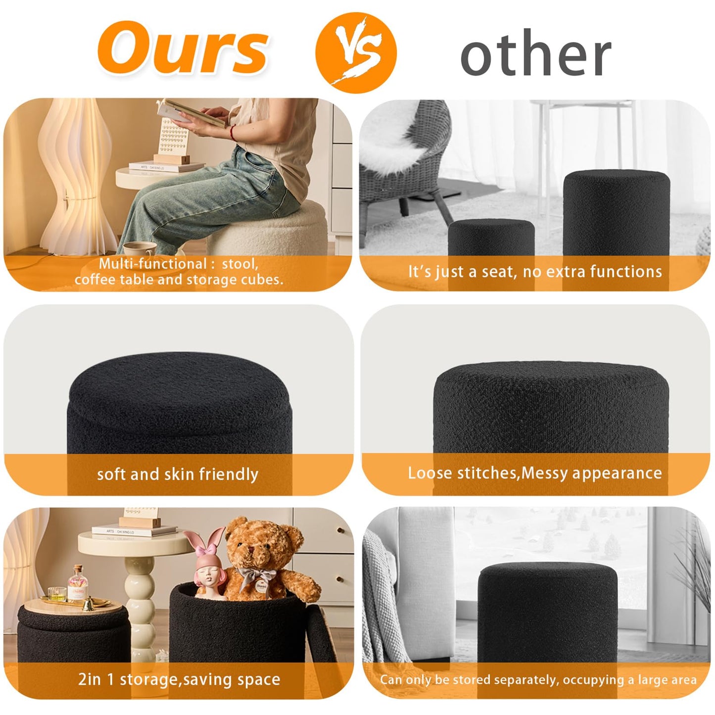 Round Ottoman with Storage Set of 2 - Upholstered Sherpa Vanity Stool for Makeup Multifunctional Ottomans Coffee Table Padded Seat Foot Rest for Living Room & Bedroom (Sherpa, Black)