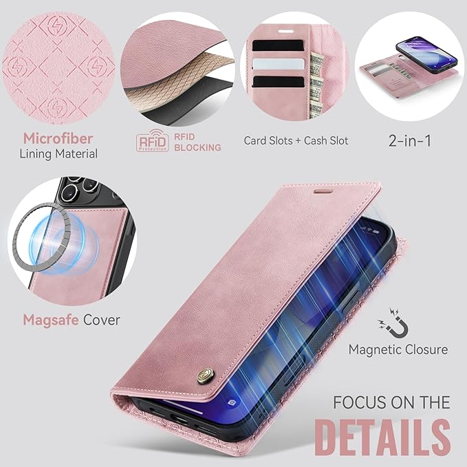 PlusnapX Wallet Case for iPhone 17 Pro Compatible with Magsafe, 2-in-1 PU Leather Flip RFID Blocking Card Holder Stand Shockproof Magnetic Detachable Cover for iPhone 17 Pro Case 6.3", Pink