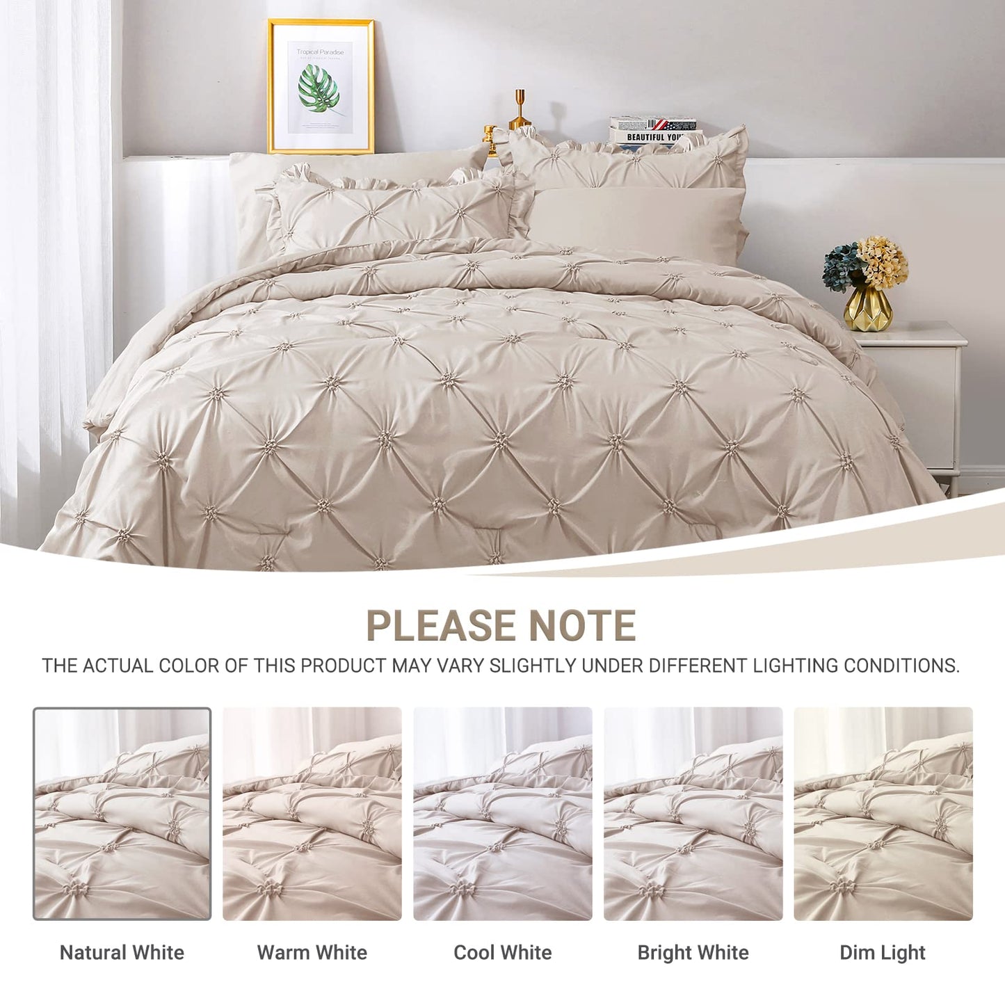JOLLYVOGUE Queen Comforter Set 7 Pieces, Beige Bed in a Bag Comforter Set for Bedroom, Bedding Comforter Sets with Comforter, Sheets,Ruffled Shams & Pillowcases