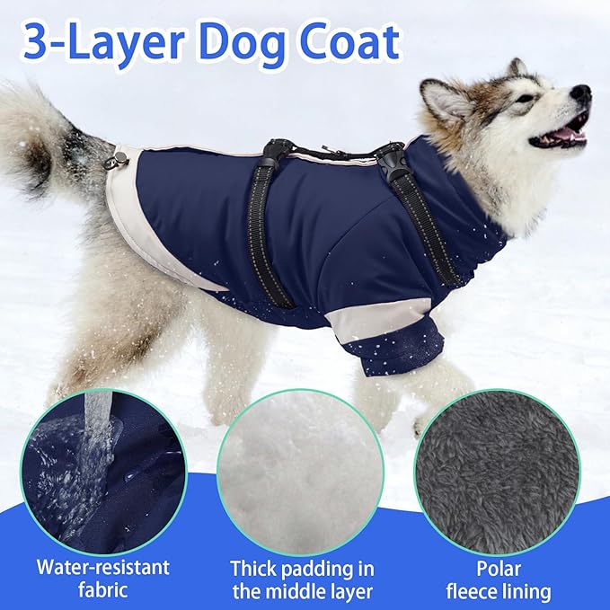MIGOHI Thermal Large Dog Coat with Harness Waterproof Jacket for Large Dogs,Thick Dog Winter Coat,Snow Jacket for Dogs Windproof for Hunting Camping Chilly Days,Doberman,Great Dane,XXXL,NavyBlue