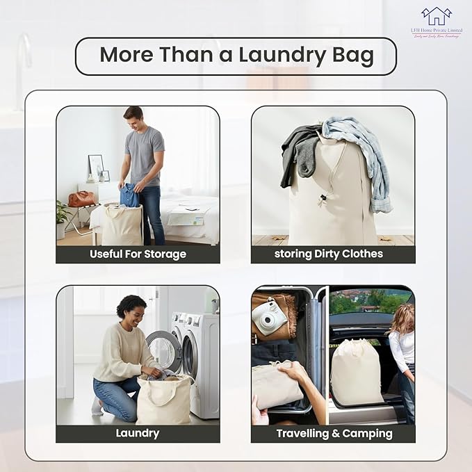 LFH Home Cotton Canvas Large Laundry Bag with Handle, Heavy Duty Drawstring Closure Washable Laundry Bags, School Travel, Home, Hotel, College Dorm, Organizer Sack, Toy Clothes 20x30 (Pack of 2)-White