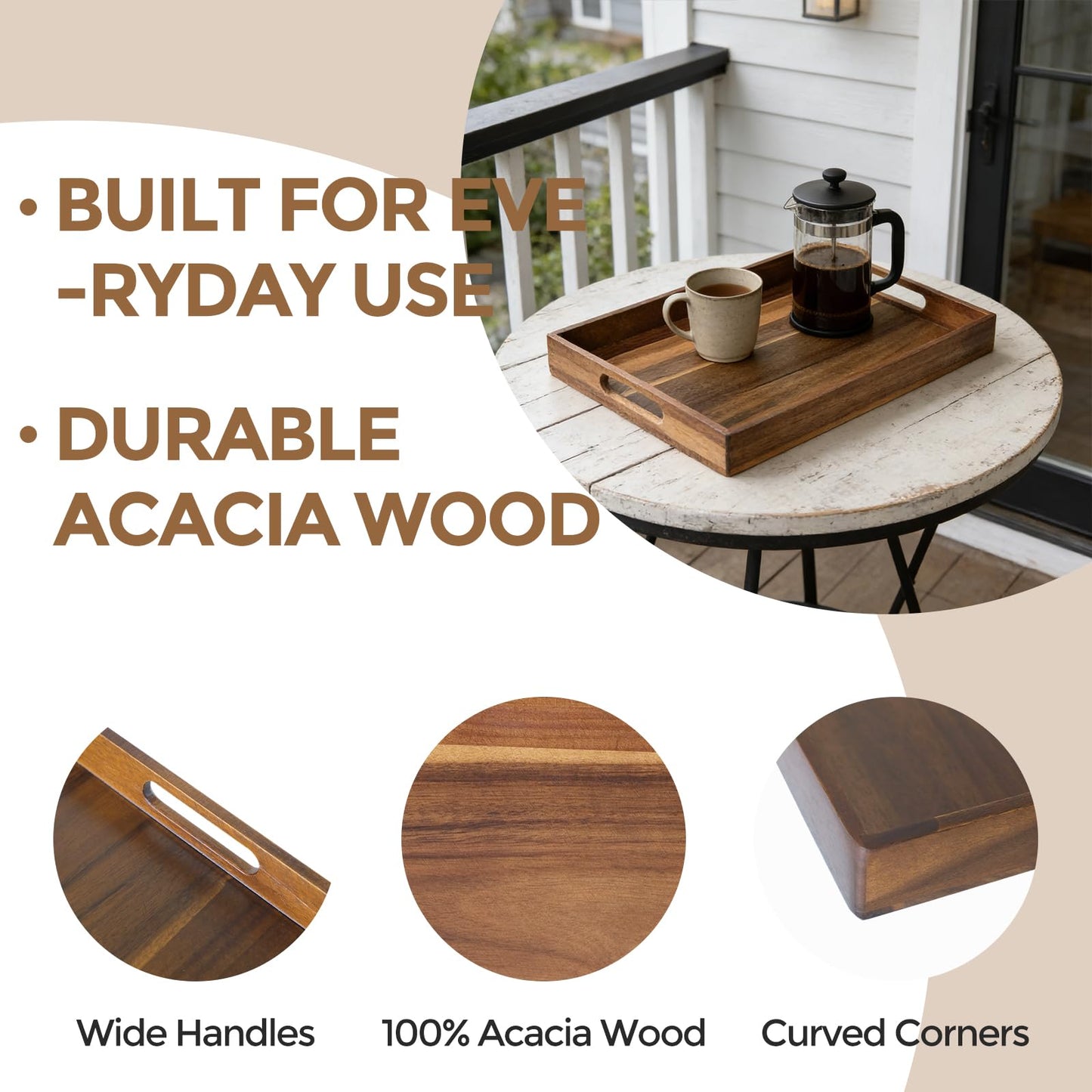 Acacia Wood Serving Tray with Handles, 17 Inch Wooden Tray for Ottoman, Breakfast, Lunch, Dinner, Decorative Rectangular Tray for Living Room, Kitchen Counter, Outdoor