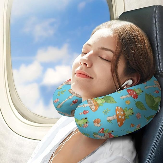 Breathable Memory Foam Neck Pillow, Funny Frog Mushroom Art U-Shaped, Head Support U-Shape Compact for Airplane Train Travel, Machine Washable Cover