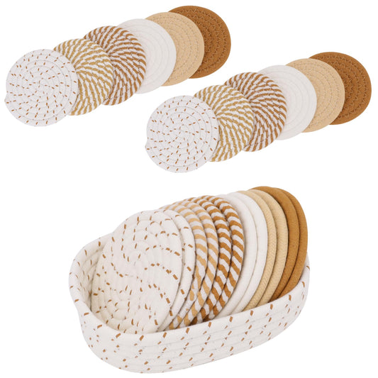 SZDPC Coasters Set of 12 with Holder, Cotton Woven Absorbent Coasters for Drinks Beer Coffee, Boho Coaster for Home Decor Tabletop Protection, Suitable for Kinds of Cups, 6 Colors, 4.3 Inches