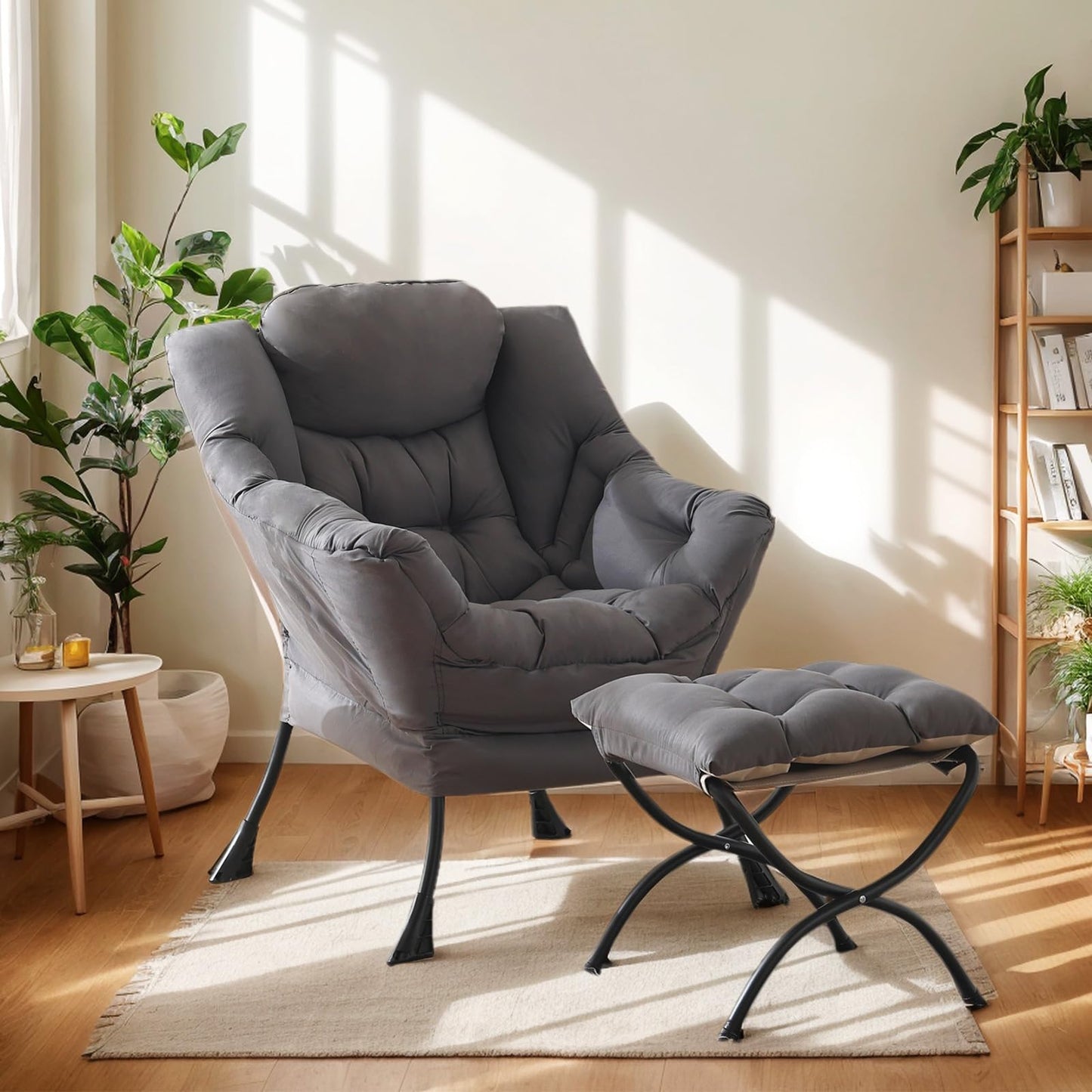 HomEastlly Lazy Chair with Ottoman, Large Dark Grey Accent Chair with Ottoman, Comfy Reading Armchair, Leisure Sofa Chair for Living Room, Bedroom, Dorm Room, Office