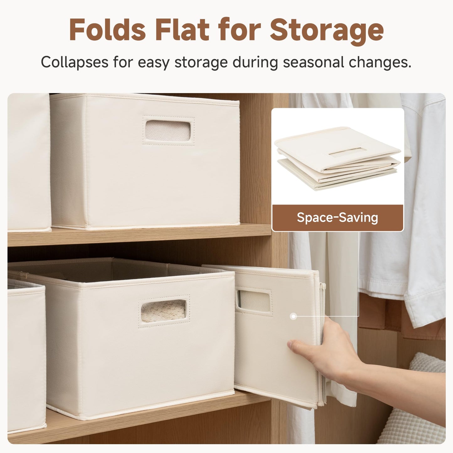 StorageWorks Fabric Storage Bins for Shelves, Closet Organizers and Storage Baskets, Closet Storage Bins with Cutout Handles, Large, 4-Pack, Ivory