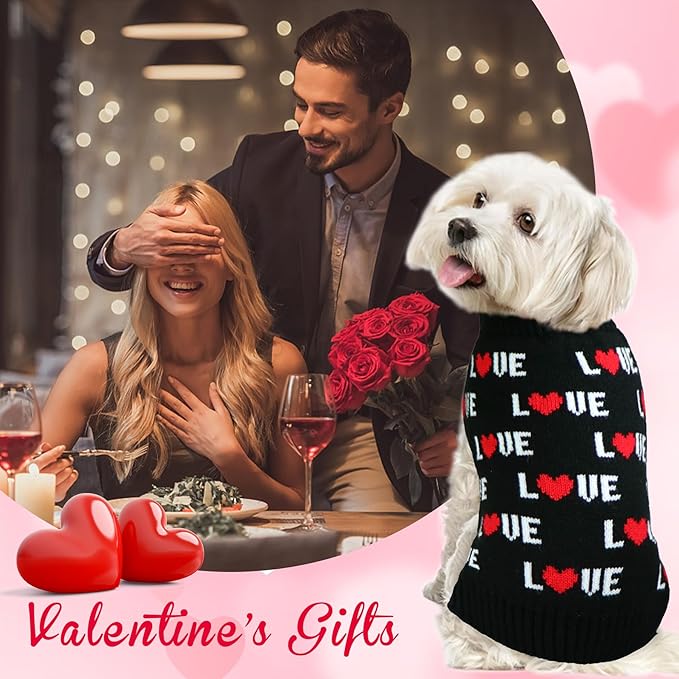 GOYOSWA Valentines Dog Sweater, Dog Valentines Clothes Outfit Knitted Sweaters for Small Medium Large Dogs Pets (Black Love, Medium)