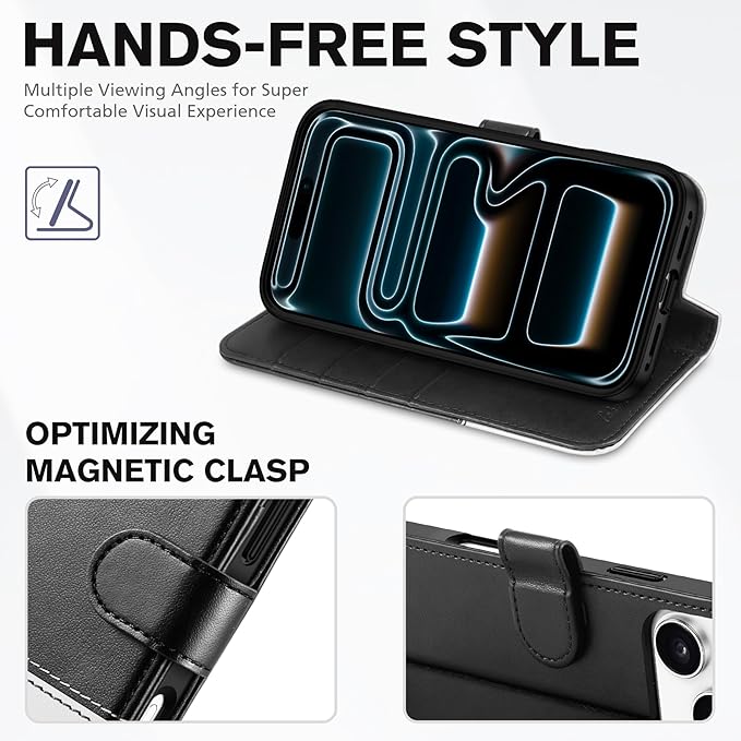 TUCCH Wallet Case for iPhone 17 Pro Max (6.9") 2025, 4 Card Holders, RFID Blocking, Stand, Shockproof TPU Shell, PU Leather, Magnetic Closure, Protective Flip Folio Cover, Black & White