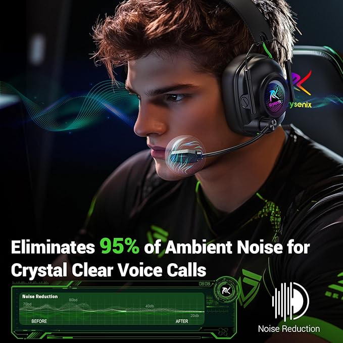 Wireless Gaming Headset with Noise Canceling Microphone for PC, PS5, PS4, Switch, Mac, 2.4 GHz Wireless & Bluetooth 5.4 Gaming Headphones, Cool RGB Lighting, 40Hr Battery, 50mm Drivers(Black Green)