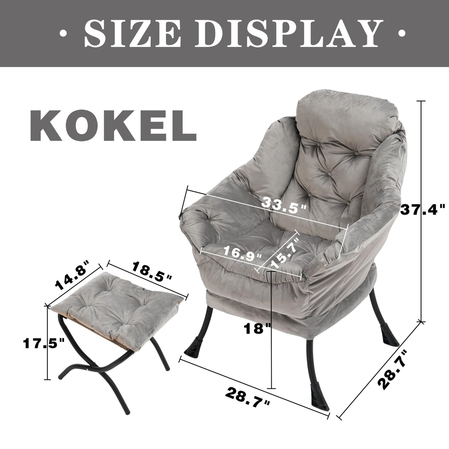 Kokel Lazy Chair with Folding Ottoman,Living Room Chairs, Accent Contemporary Lounge Chair, Single Steel Frame Leisure Sofa Chair with Armrests and A Side Pocket (Light Gray)