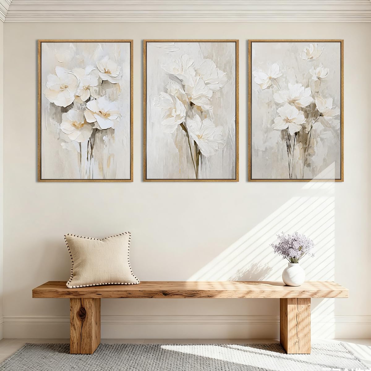 Anyzal Framed Neutral Beige Floral Wall Art Large 16x24 Inch White Cream Flower Canvas Wall Decor Modern Botanical Farmhouse Painting for Living Room Bedroom Dining Room Set of 3