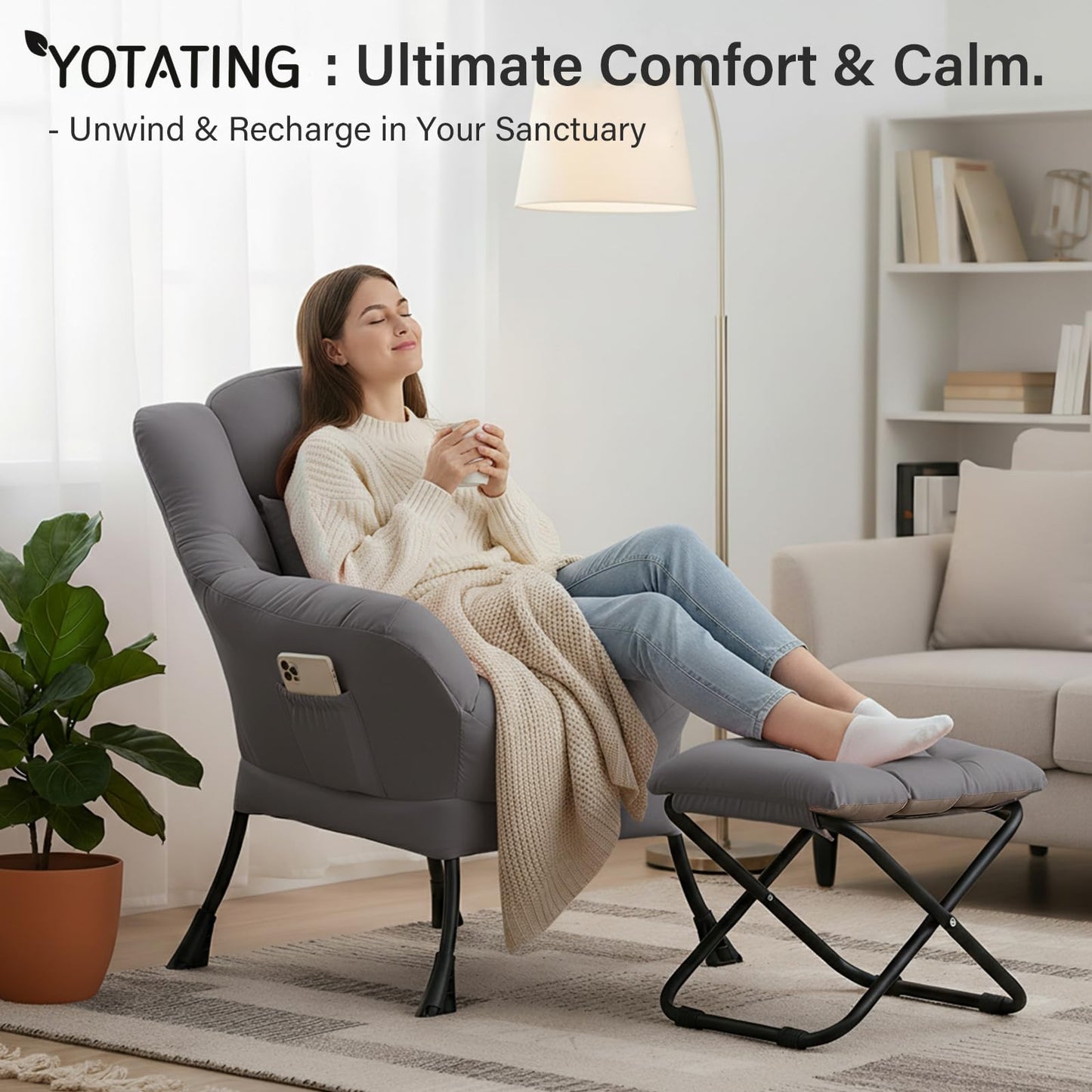 YOTATING Lazy Chair with Ottoman, Modern Accent Leisure Sofa Chair with Footrest Stool & Throw Pillow, Modern Lounge Chair with Armrests for Living Room, Dark Grey