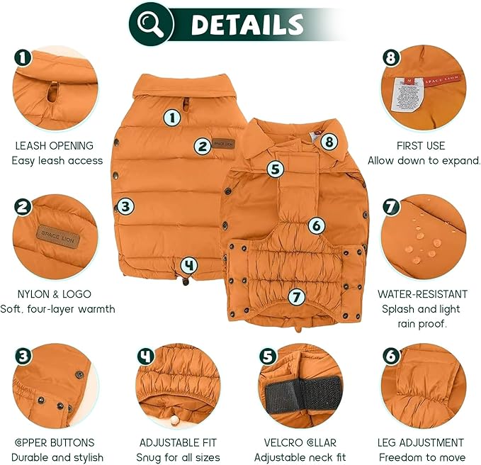SPACE LION Dog Puffer Jacket, Down Winter Coat, Durable Outdoor Coat for Cold and Windy Conditions, Lightweight & Adjustable Fit Coats for Medium Dogs, (Orange, Size 14 Gift Box)