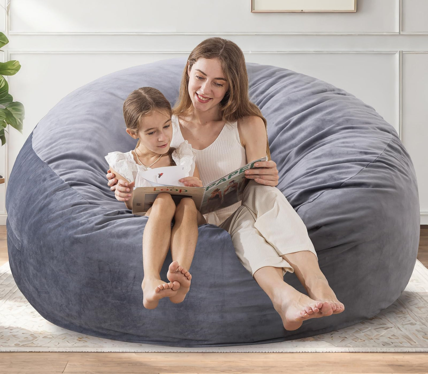 EDUJIN Bean Bag Chair, Memory Foam Bean Bag Chairs for Adults, Soft Velvet Cover, Stylish Beanbag Sofa for Living Room, Convenient Pocket & Pull-Handle Design - 3 Foot, Grey