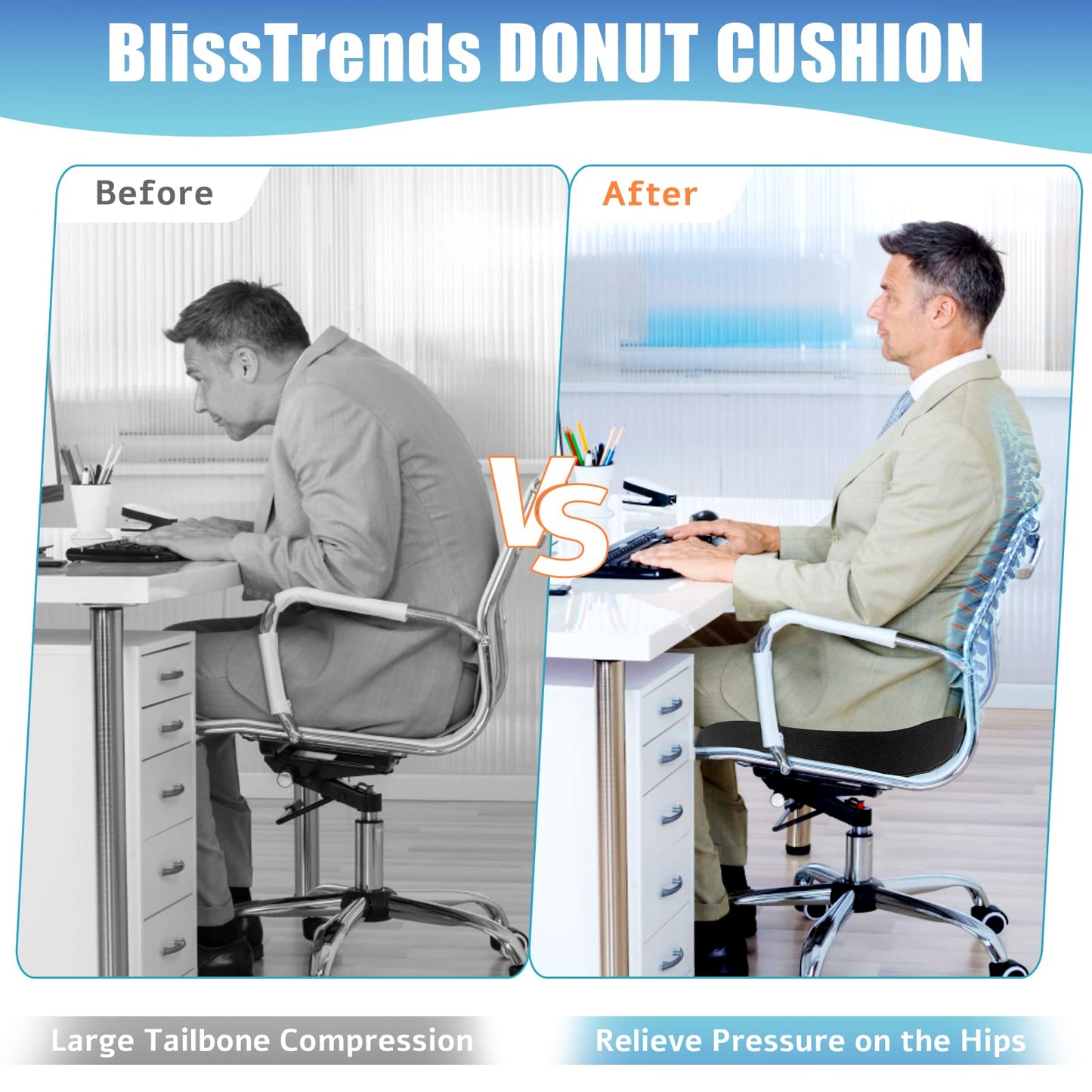 BlissTrends Donut Pillow Seat Cushion,Donut Chair Cushions for Postpartum Pregnancy & Hemorrhoids,Tailbone Pain Relief Cushion,Memory Foam Lifting Cushions for Office&Home Chairs (Black)