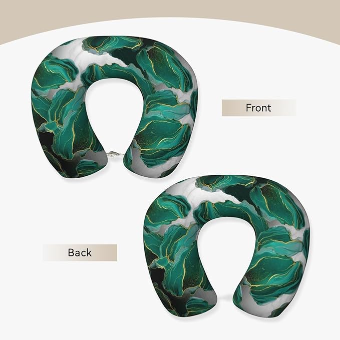 Comfortable Memory Foam Neck Pillow Abstract Teal Green Turquoise Marble, Travel U Shaped Airplane/Car/Flight Pillows with Removable Zipper Cover, Chin Head Neck Support Cushion