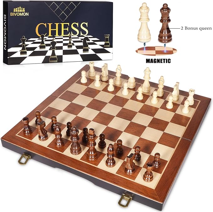 Chess Magnetic Wooden Chess Set 15" Unique Chess Board Game with Chess Pieces Storage Slots, Tournament Portable Folding Travel Chess Sets for Kids Adults Beginner and Pros, 2 Extra Queens