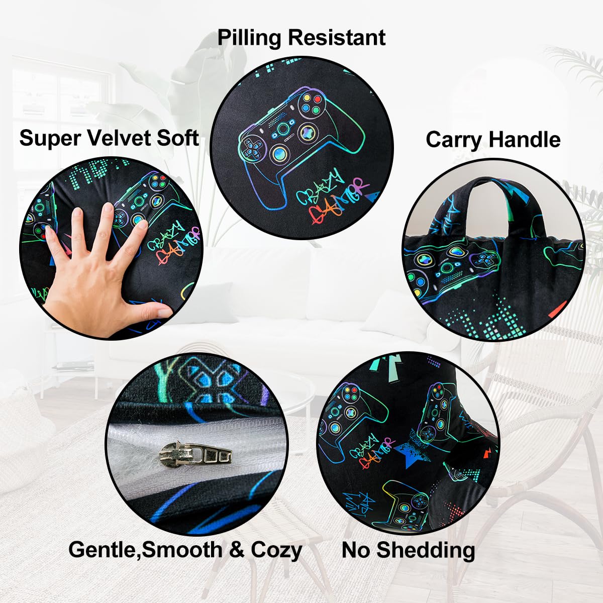 Holawakaka Reading Pillow with Arms Gamer Print Plush Bed Rest Pillows for Kids Teens Petites Sitting in Bed, Sofa, Chair, Lounge, Back Cushion with 1pc Decorative Pillowcase
