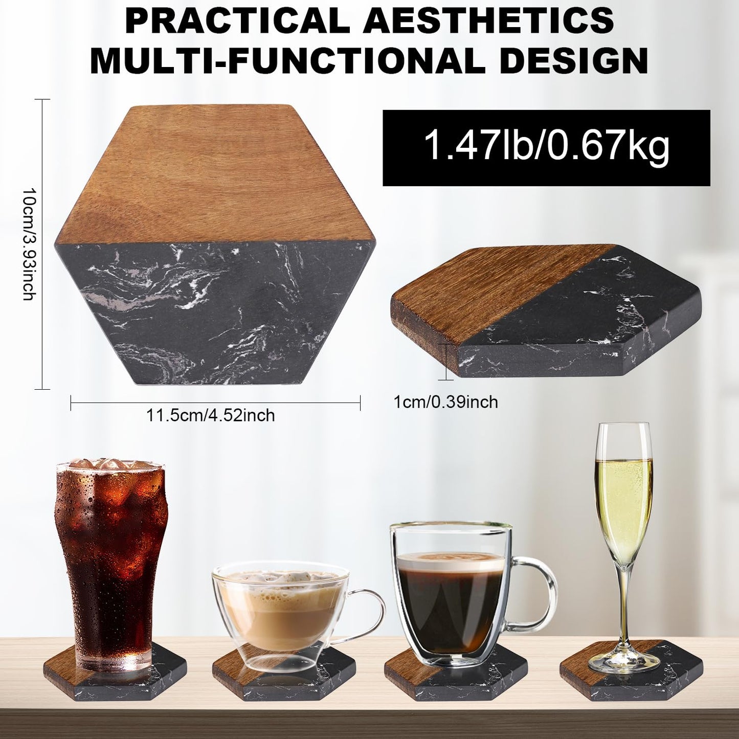 Hwvixkz Marble Wood Coasters Set of 4, Fun & Cute Drink Coasters for Coffee Table, Coffee Bar Decor & Desk Accessories, Black