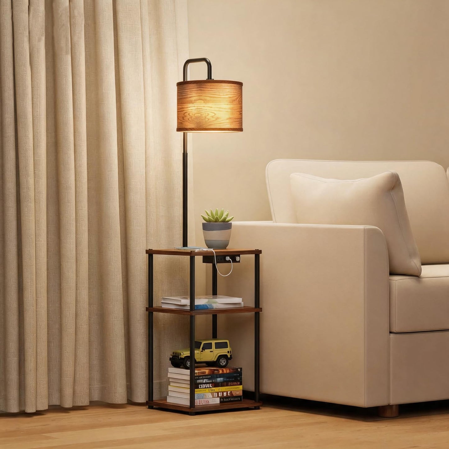Pazarfami Floor Lamp with Table, Shelves, Side Table with USB Charging Port and Outlet, Modern Bedside Nightstand End Table with Lamp for Living Room, Bedroom, Guest Room, Bulb Included, Wood Grain
