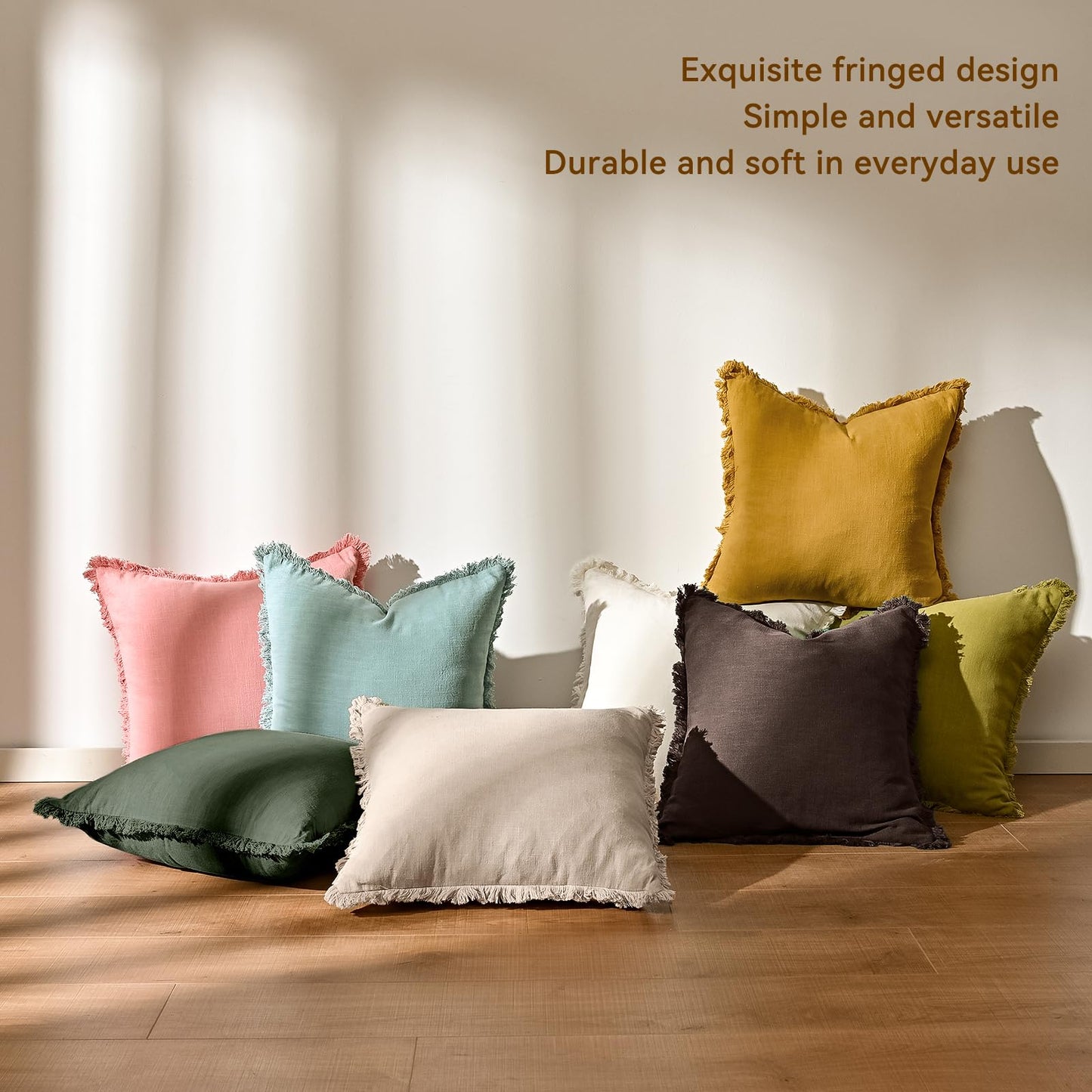 AmHoo Pack of 2 Linen Pillow Covers with Tassels Fringed Decorative Rustic Natural Throw Pillowcase Cushion for Couch Sofa Bedroom 18 x 18-Inch Brown