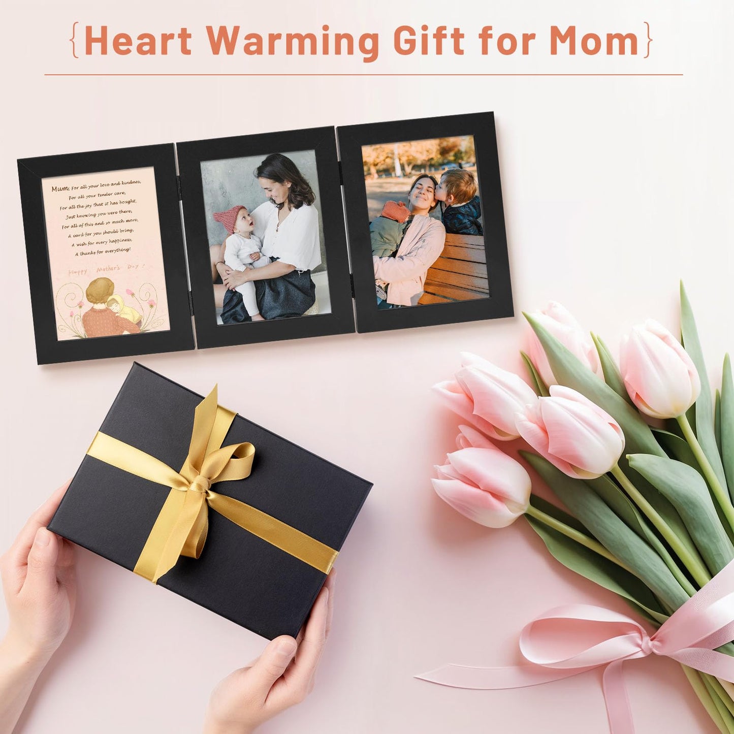 Golden State Art, 5x7 Triple Picture Frame Vertical, Engineered Wood Trifold Photo Frame, with Real Glass for Desktop - Three Folding Picture Collage (5x7, Black, 1 Pack)