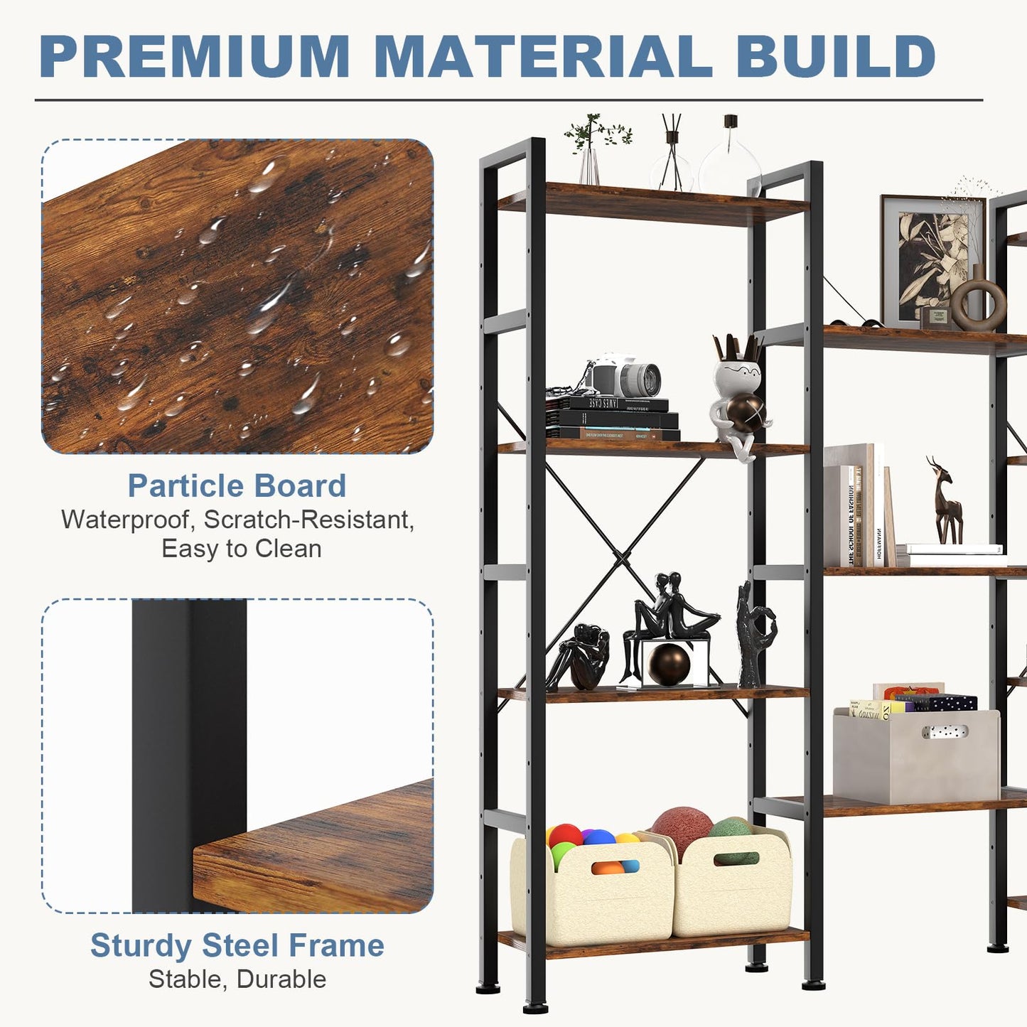 DUMOS Triple Column 4 Tier Bookshelf with Adjustable Shelves, Wide Convertible Display Unit, Industrial Bookcase for Living Room & Home Office, Sturdy Freestanding Storage Decor Organizer, Rust