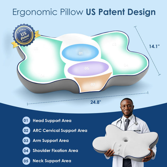 Ultra Cooling Cervical Pillow for Neck Pain Relief, Patented Ergonomic Memory Foam Neck Pillow with 3X Breathable Pillowcase, Dual-Height Orthopedic Pillow for Side, Back & Stomach Sleepers (Large)