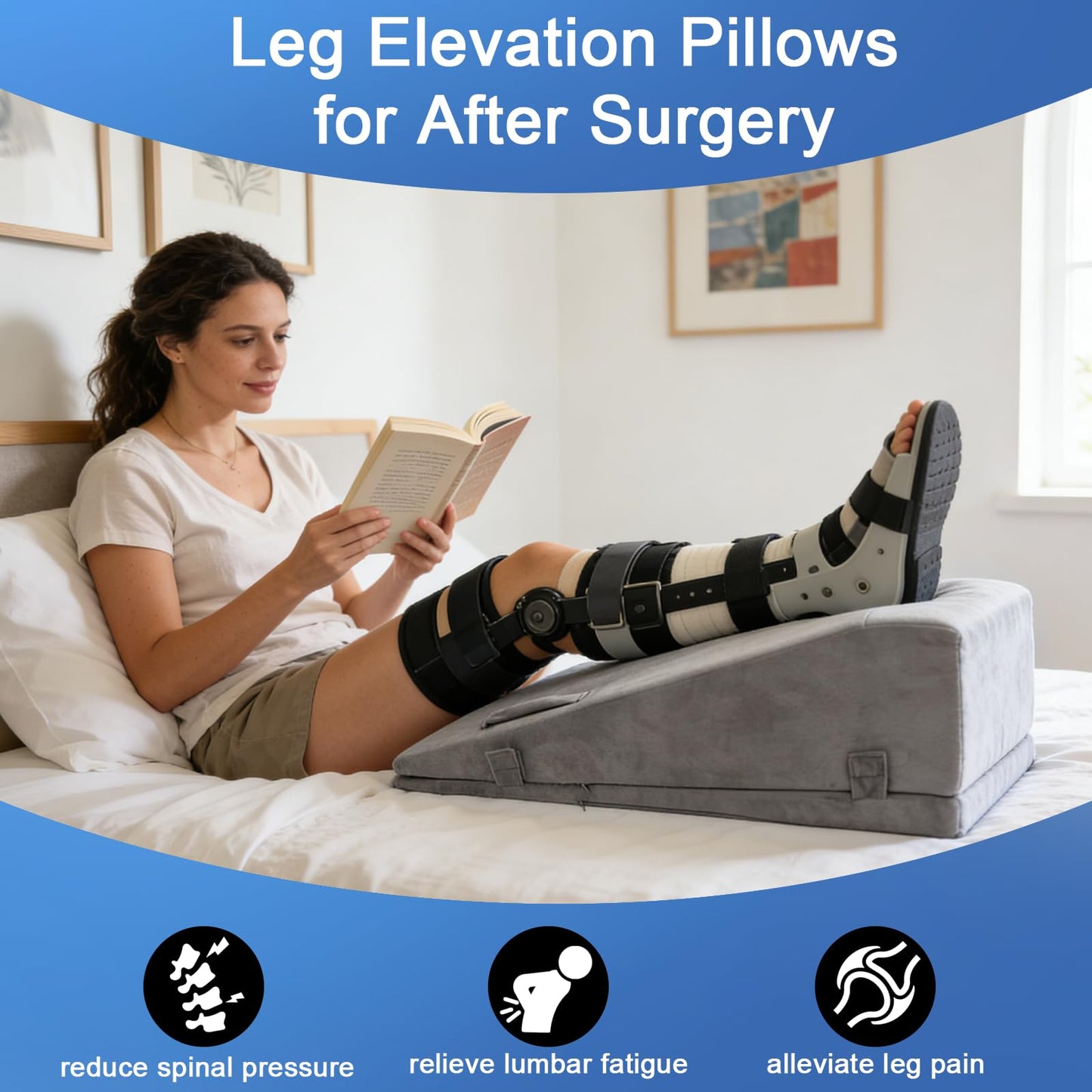 CRAURU Adjustable Height Leg Elevation Pillows for After Surgery Foam Knee Surgery Pillow with Handles and Velvet Cover Foot Wedge Pillow for Legs Swelling and Blood Circulation