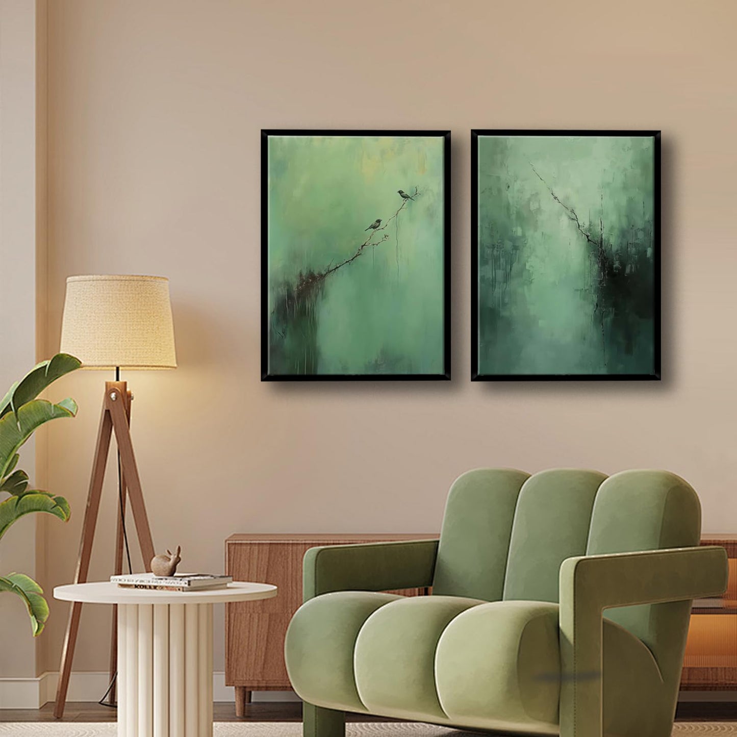 Abstract Dark Green Canvas Wall Art Modern Texture Painting with Wood Frame Wabi Sabi Zen Poster Minimalist Birds Picture Print Living Room Bedroom Office Ready To Hang 12x16 Inch