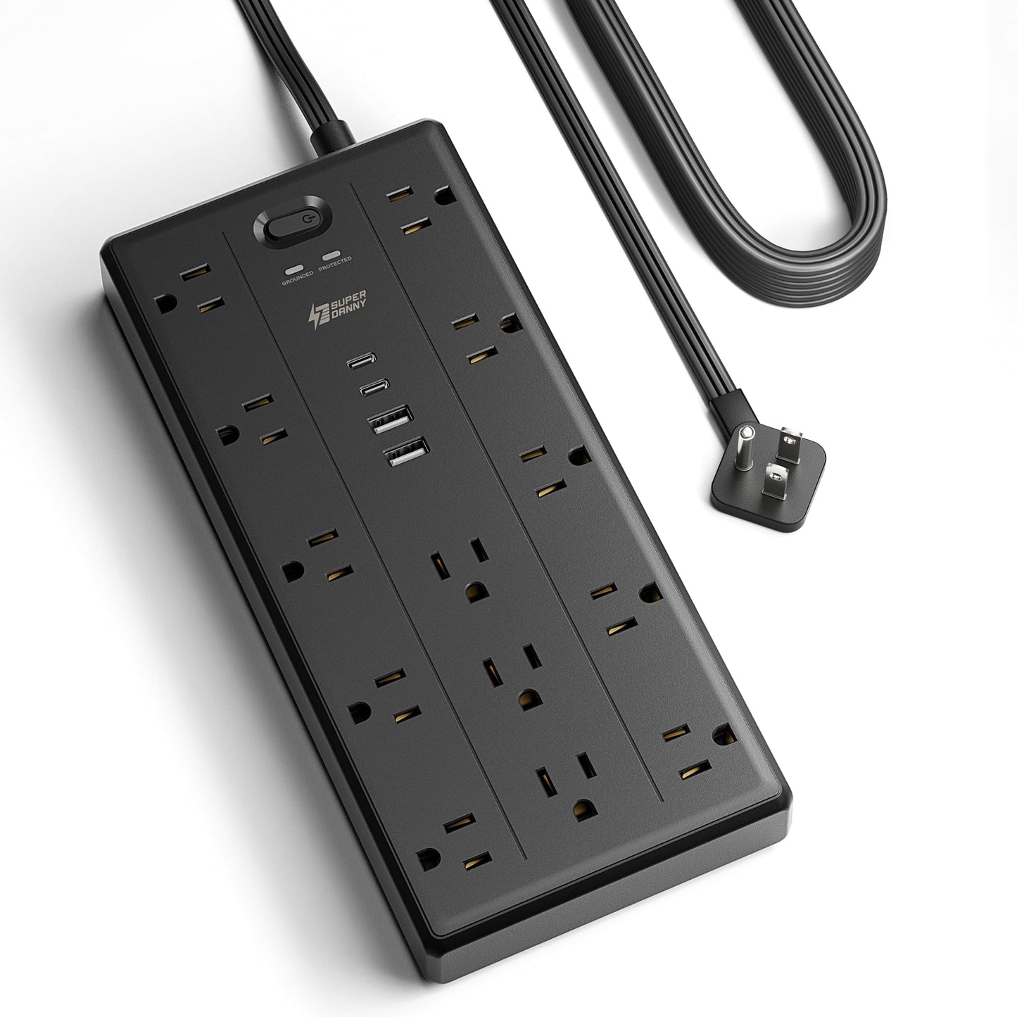 10Ft Extension Cord with Multiple Outlets, Flat Plug Power Strip with 2100J Surge Protector, 13 Outlets, 2 USB A, 2 USB C, Desk USB Charging Station, Home Office, College Dorm Room Essentials, Black