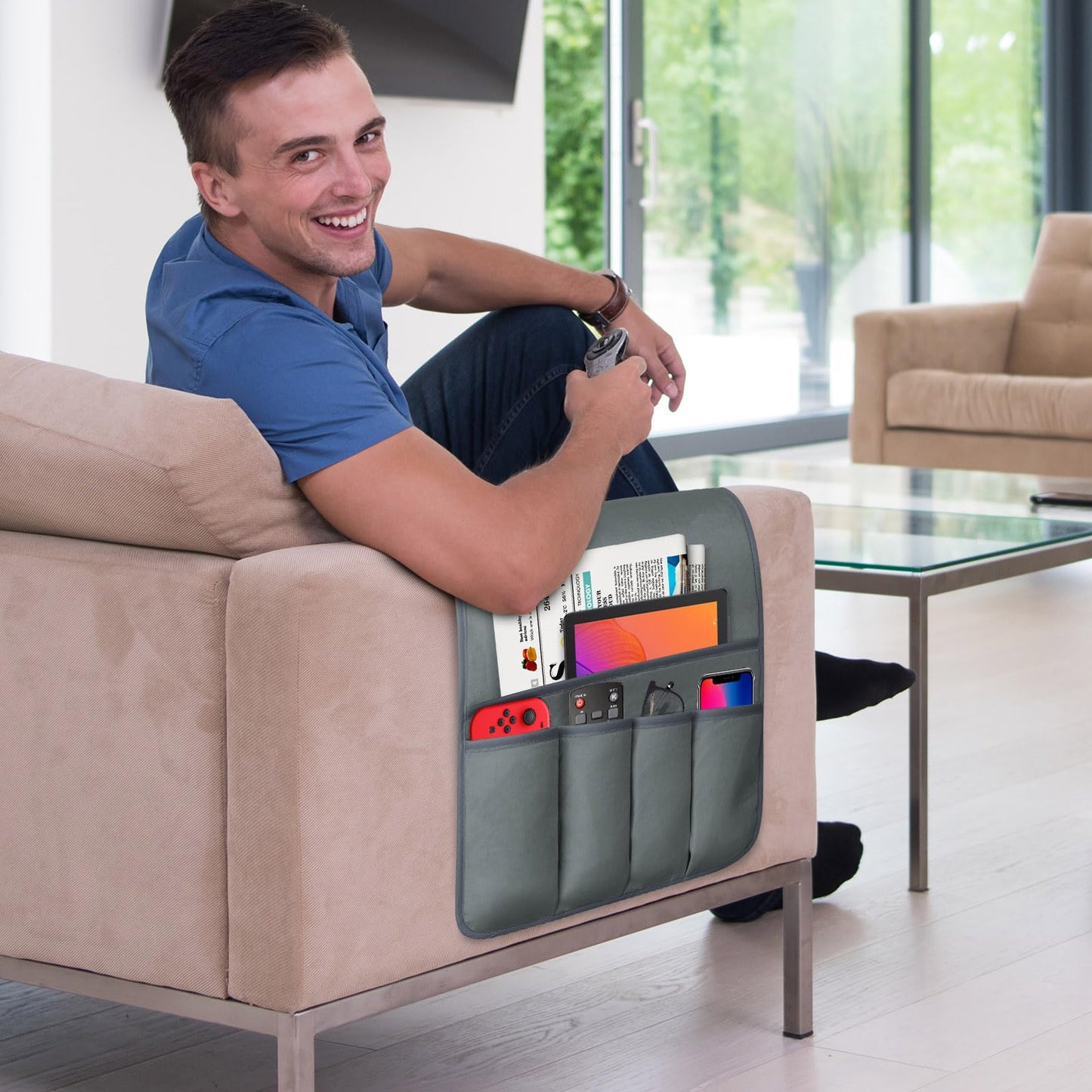WETRBWEH TV Remote Control Holder Couch Caddy, Non-slip Bedside Caddy Organizer with 5 Pockets for Key Glasses Phone Magazine Holders (Gray, 35"x12.4")