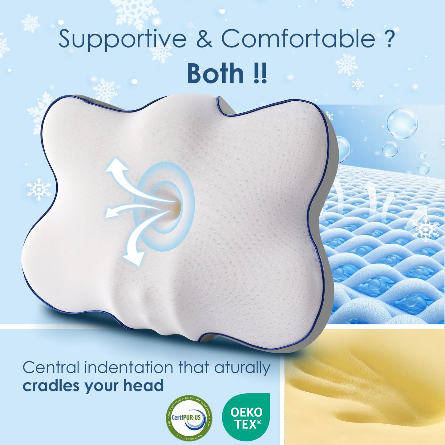 Ultra Cooling Cervical Pillow for Neck Pain Relief, Patented Ergonomic Memory Foam Neck Pillow with 3X Breathable Pillowcase, Dual-Height Orthopedic Pillow for Side, Back & Stomach Sleepers (Large)
