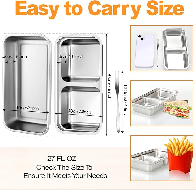 vovoyager Stainless Steel Snack Containers with Lids, Reusable Bento Lunch Container Box, Food Storage, Leak Proof, Dishwasher-Safe, Grab and Go for Work, 3 Single + 3 Double Compartment