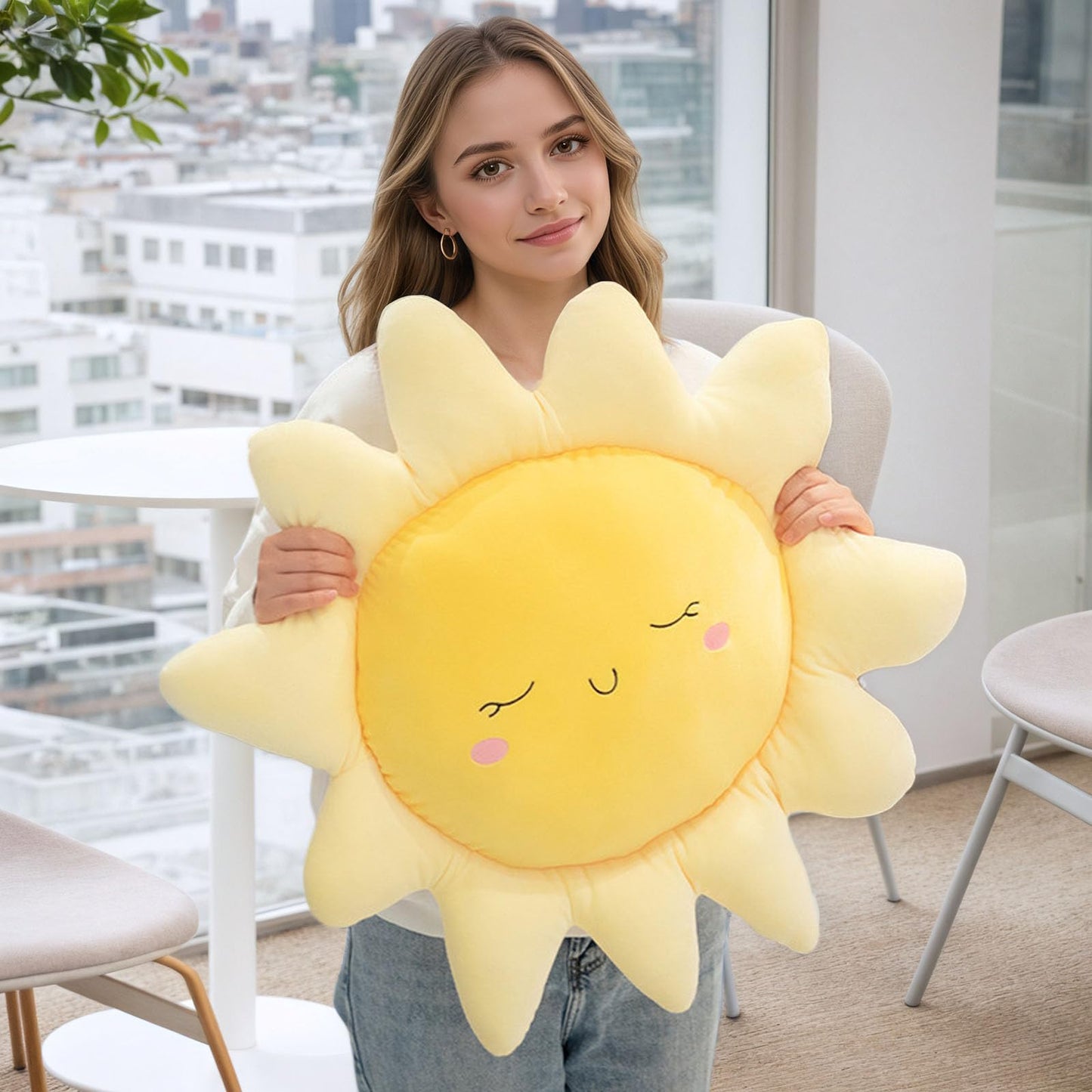 Lioong 17.8Inch Cute Sun Shaped Pillow Sofa Cushion Car Throw Pillows Floor Pillow for Kids Girls Women Home Decor,Yellow