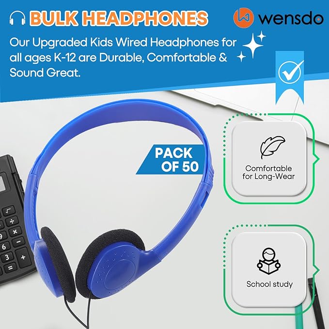 Bulk Earbud Headphones 50 Pack for School Classroom Kids, Wholeslae Wired Durable Earphones Class Set for Students Children Toddler Teens Boys Girls and Adult (HY857,50 Blue)