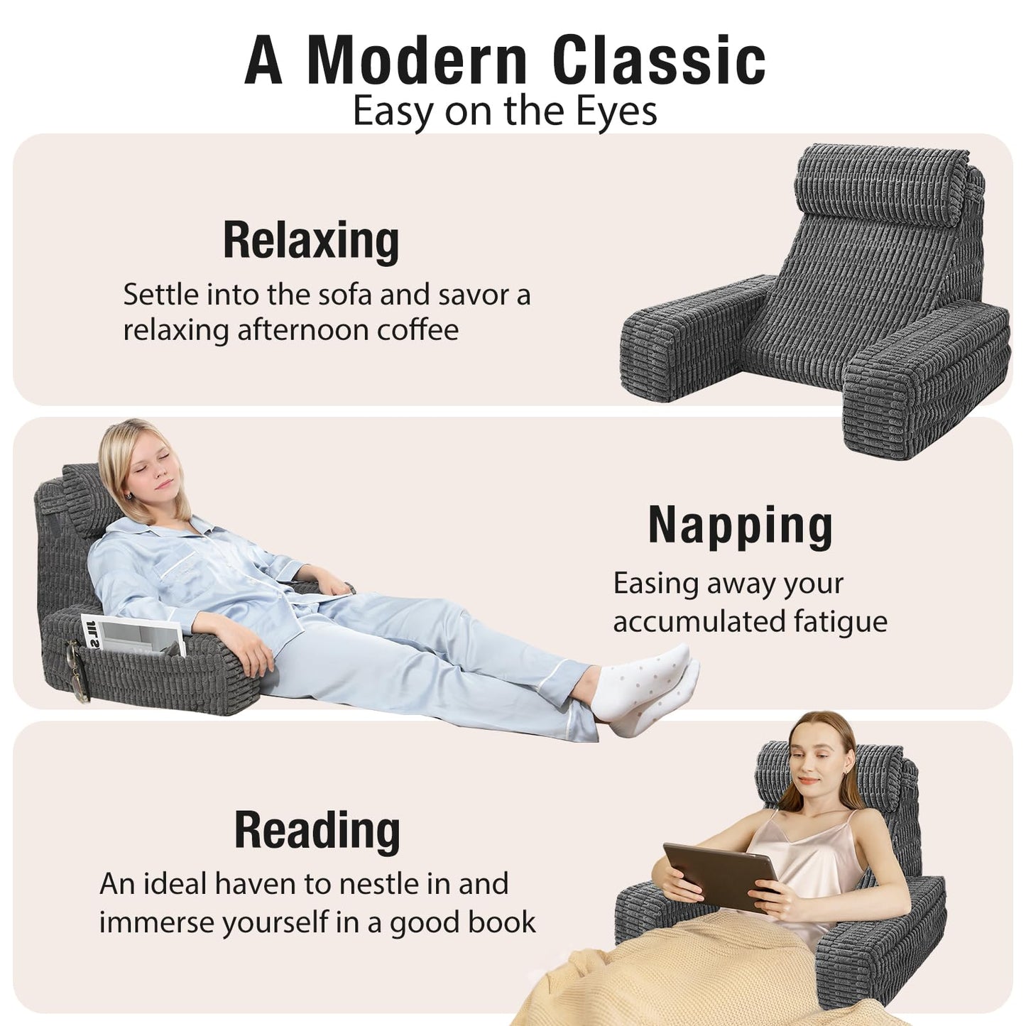 Selectico 19" Reading Pillow for Bed with Built-in Arms & Large Pockets, Supportive Backrest Cushion for Reading, Resting, or Reclining, Washable Cover – Grey