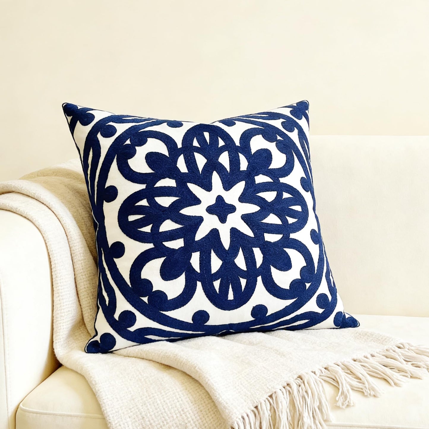 Slow Cow Canvas Embroidered Decorative Throw Pillow Cover Square 18 x18 inches Cozy Boho Mandala Chic Knit Pattern Cushion Cover for Sofa Couch Living Room Bedroom